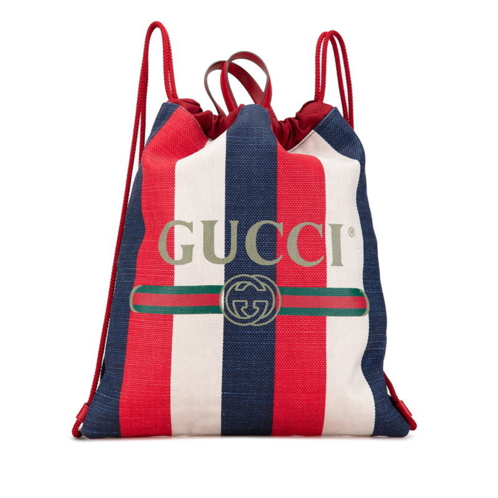 Gucci Drawstring Canvas Leather Backpack Red Whit… - image 1